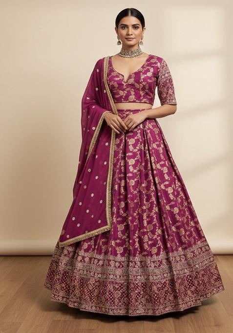 Wine Embroidered Jacquard Lehenga Set