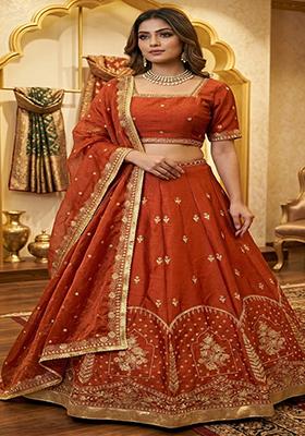 Orange Embroidered Silk Lehenga Set