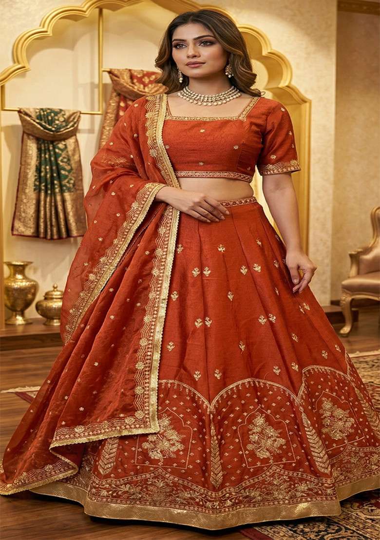 Orange Silk Blend Lehenga Set with Embroidered for Diwali | Wedding & Festive Wear - Indya