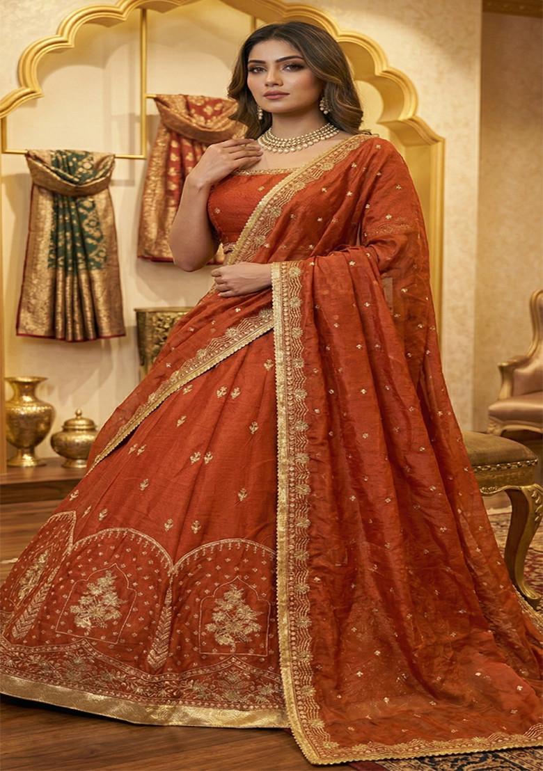 Orange Embroidered Silk Lehenga Set - Indya