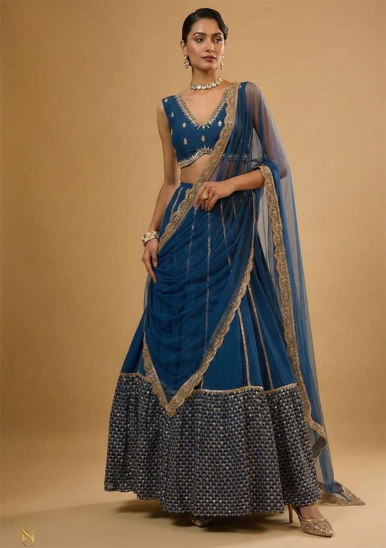 Royal Blue Embroidered Georgette Lehenga Set for Diwali and Festive Wear - Indya