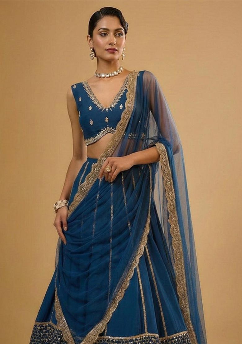 Royal Blue Embroidered Georgette Lehenga Set - Indya