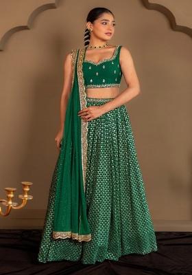 Green Embroidered Georgette Lehenga Set