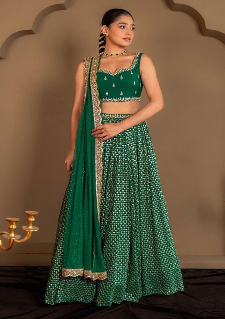 Green Georgette Lehenga Set with Embroidered for Diwali | Wedding & Festive Wear - Indya