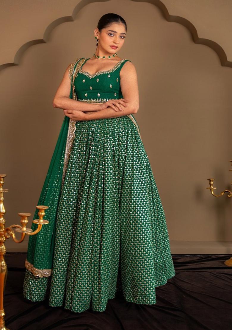 Green Embroidered Georgette Lehenga Set - Indya