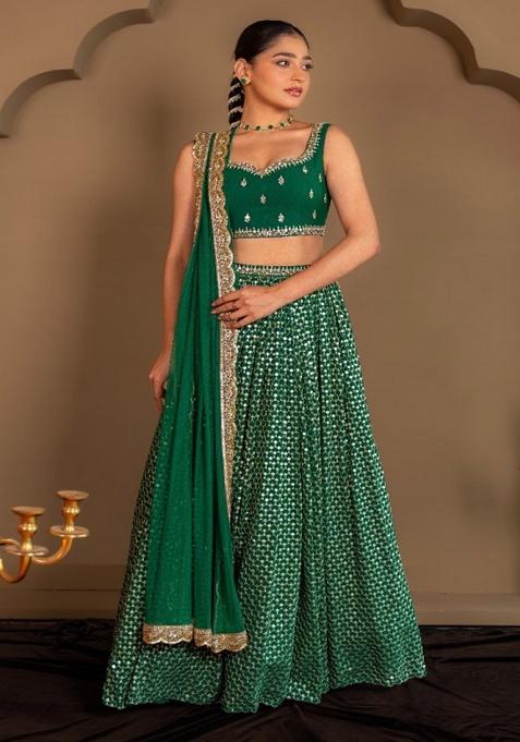 Green Embroidered Georgette Lehenga Set