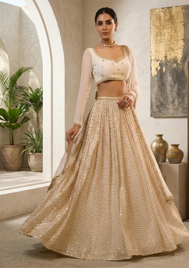 White Embroidered Georgette Lehenga Set - Indya