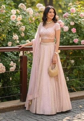 Baby Pink Embroidered Georgette Lehenga Set