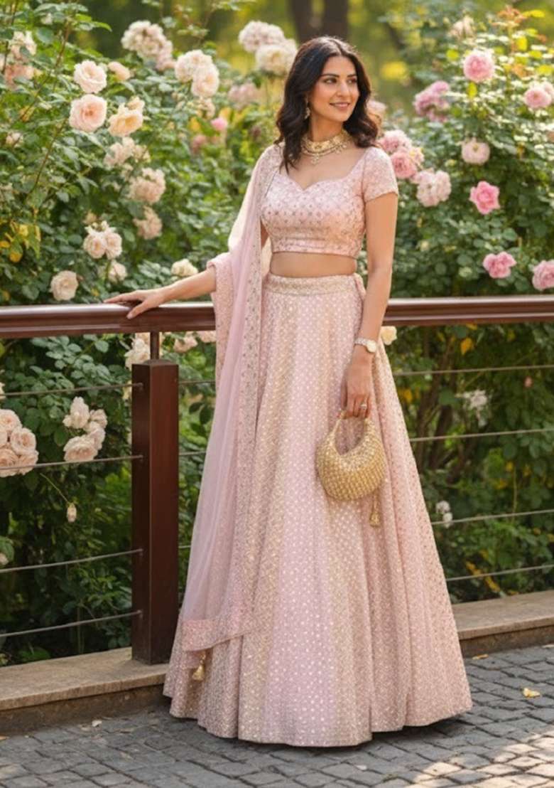 Baby Pink Embroidered Georgette Lehenga Set for Diwali and Festive Wear - Indya