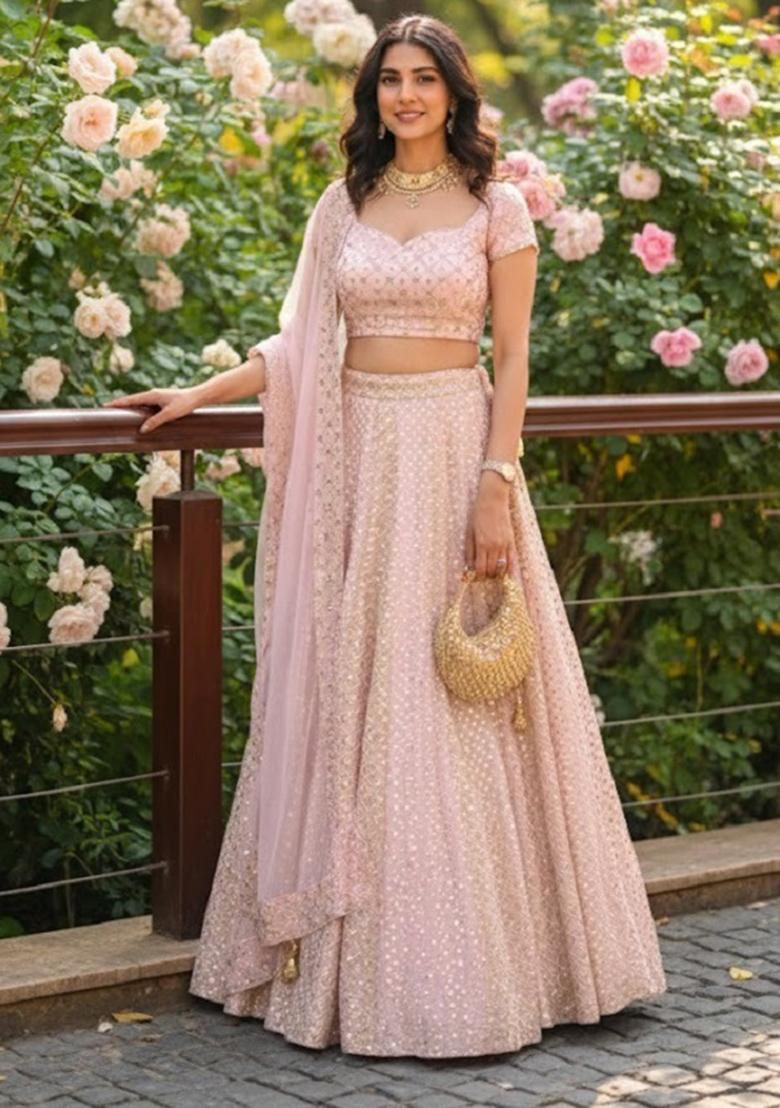 Baby Pink Embroidered Georgette Lehenga Set - Indya
