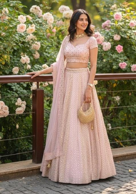 Baby Pink Embroidered Georgette Lehenga Set