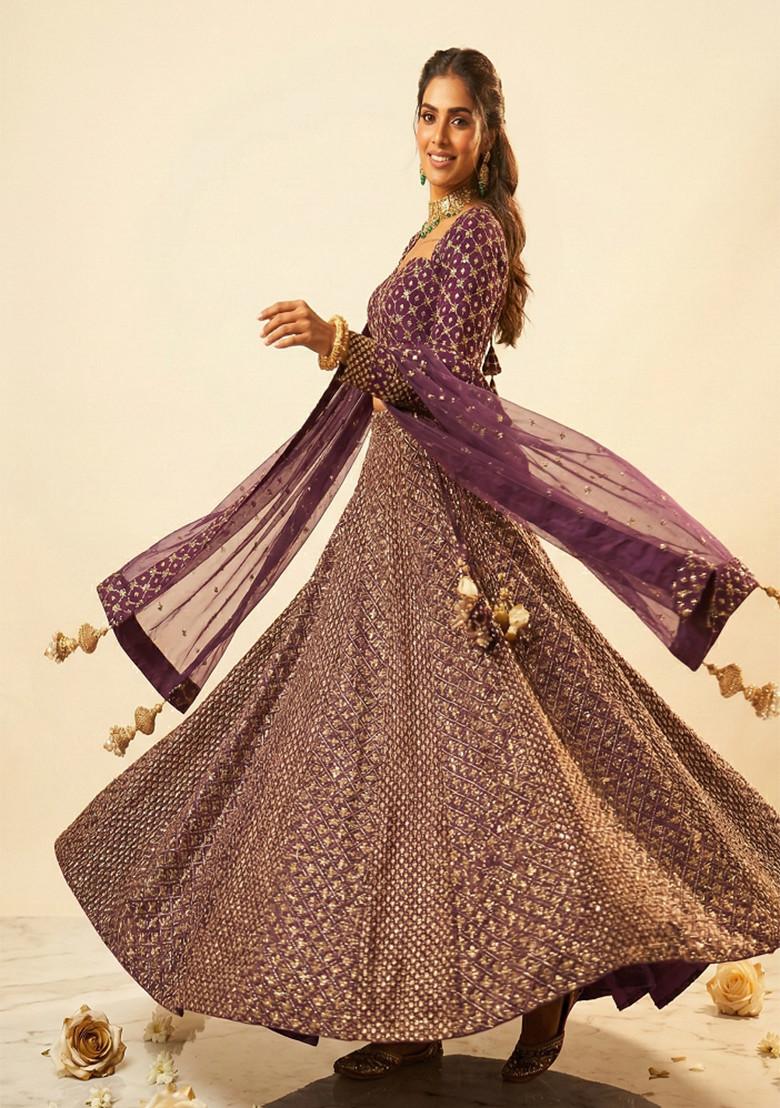 Purple Embroidered Georgette Lehenga Set - Indya