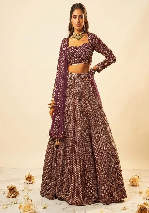 Purple Embroidered Georgette Lehenga Set