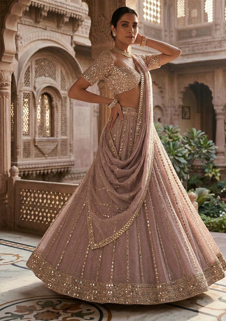 Ash Pink Embroidered Organza Lehenga Set - Indya
