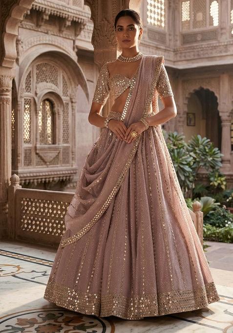 Ash Pink Embroidered Organza Lehenga Set