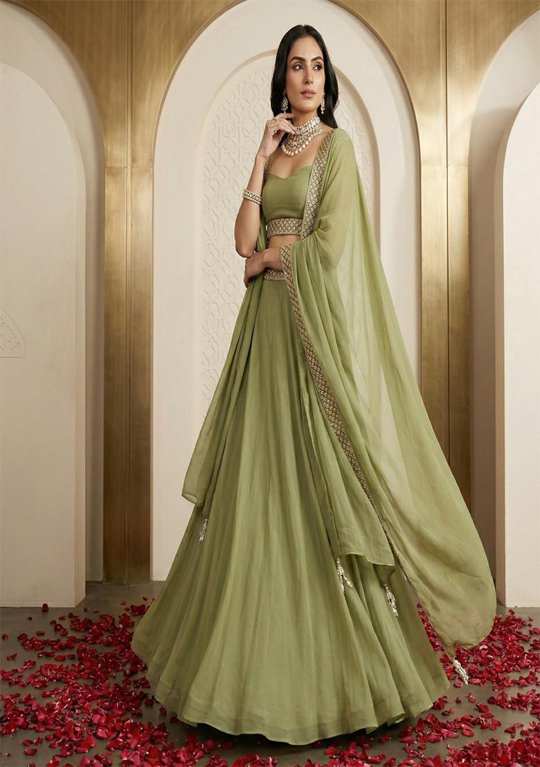 Green Plain Georgette Lehenga Set - Indya