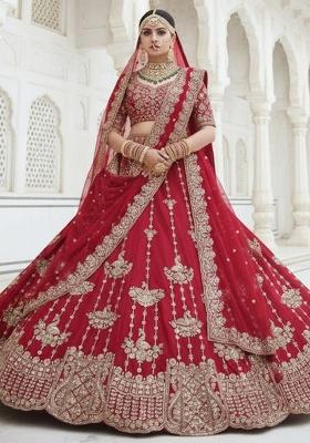 Red Embroidered Silk Lehenga Set