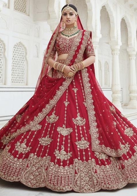 Red Embroidered Silk Lehenga Set