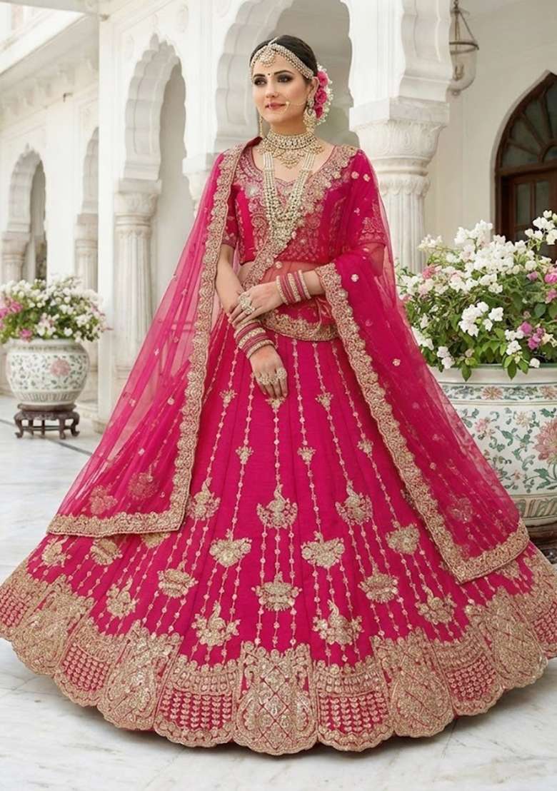 Rani Pink Embroidered Silk Blend Lehenga Set - Indya
