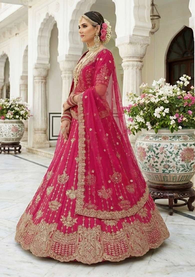 Rani Pink Embroidered Silk Blend Lehenga Set - Indya