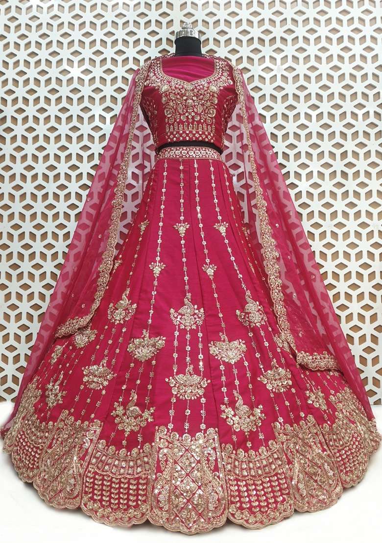 Rani Pink Embroidered Silk Blend Lehenga Set - Indya
