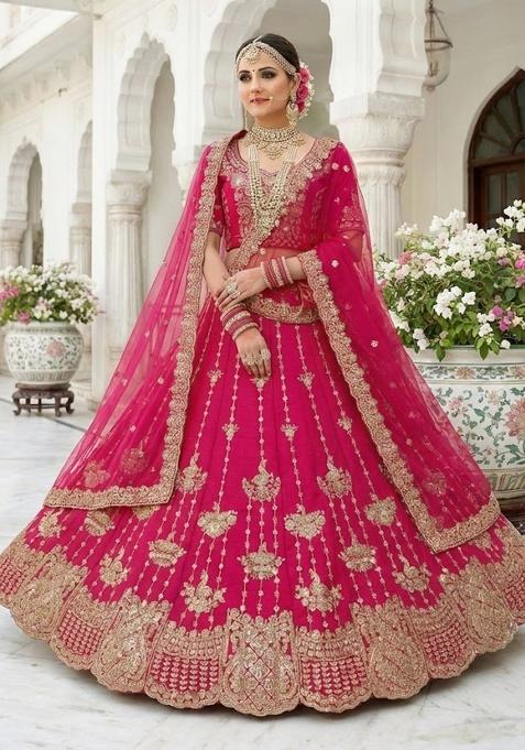 Rani Pink Embroidered Silk Lehenga Set