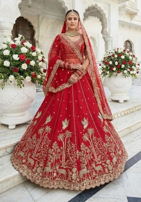 Red Embroidered Silk Lehenga Set