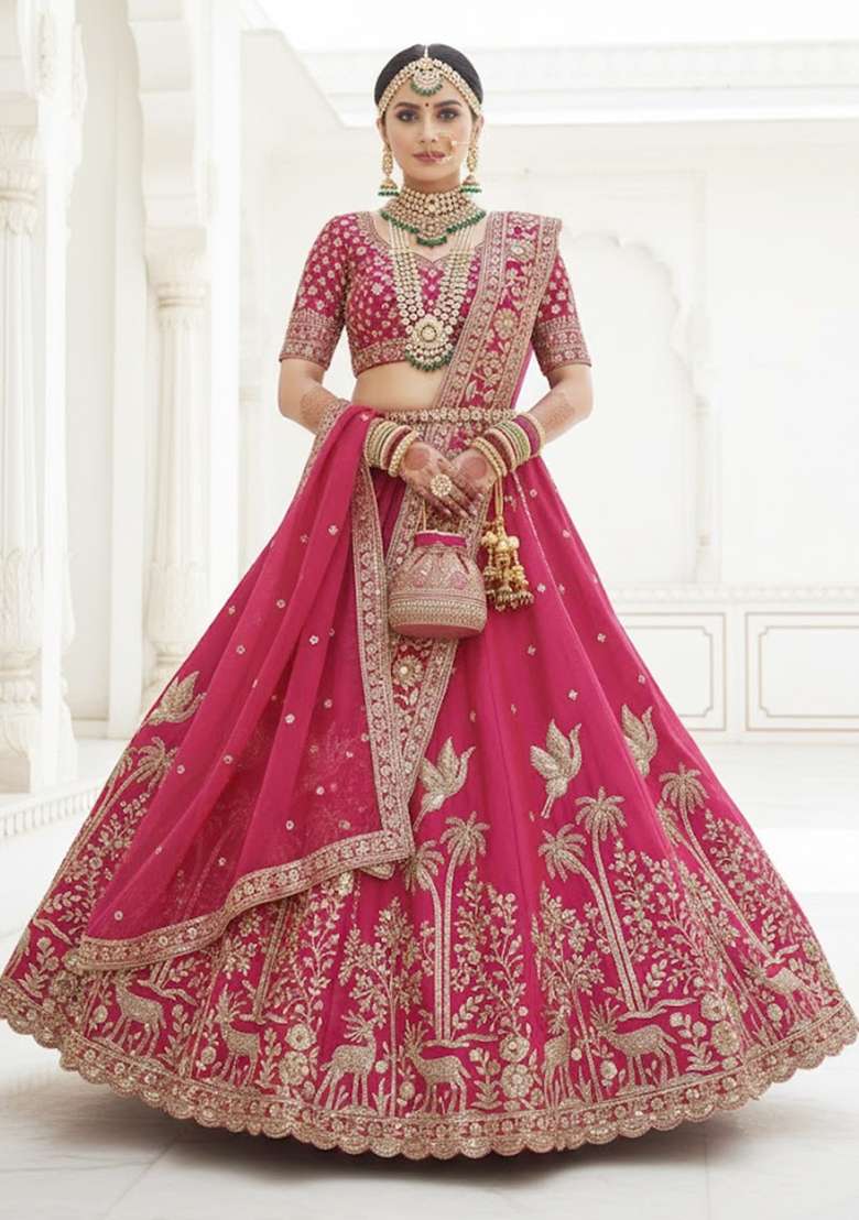 Rani Pink Embroidered Silk Blend Lehenga Set - Indya