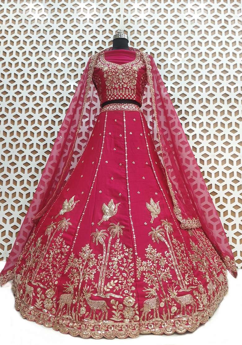 Rani Pink Embroidered Silk Blend Lehenga Set - Indya