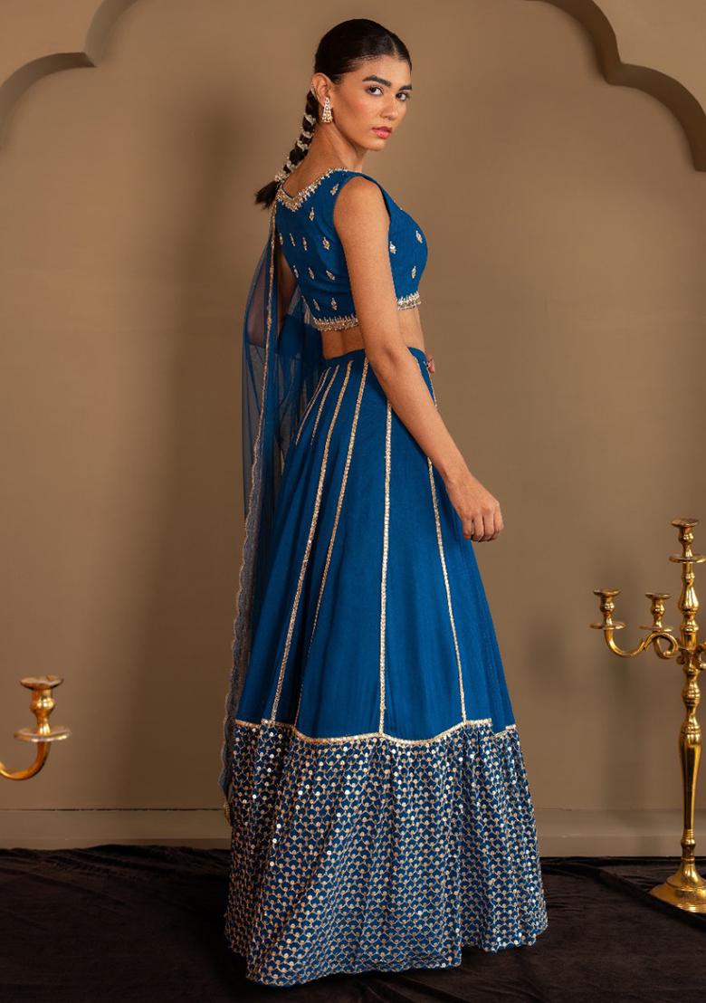 Royal Blue Embroidery Georgette Lehenga Set - Indya