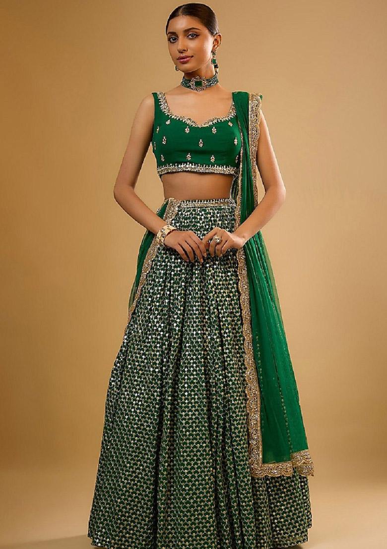 Green Embroidery Georgette Lehenga Set - Indya