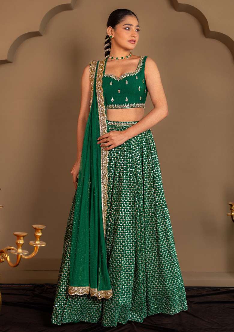 Green Embroidery Organza Lehenga Set for Diwali and Festive Wear - Indya