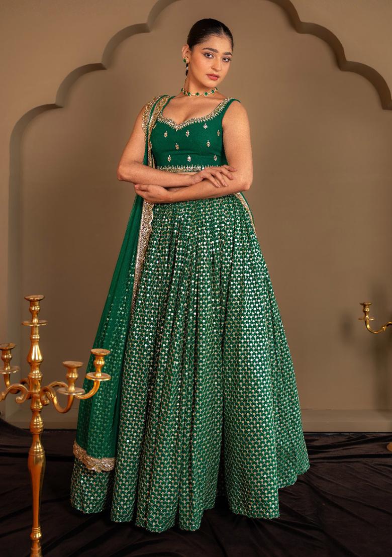 Green Embroidery Organza Lehenga Set - Indya