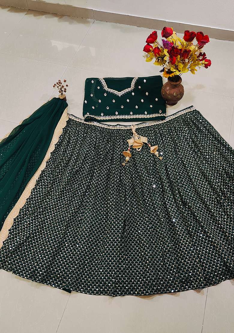 Green Embroidery Organza Lehenga Set for Diwali and Festive Wear - Indya