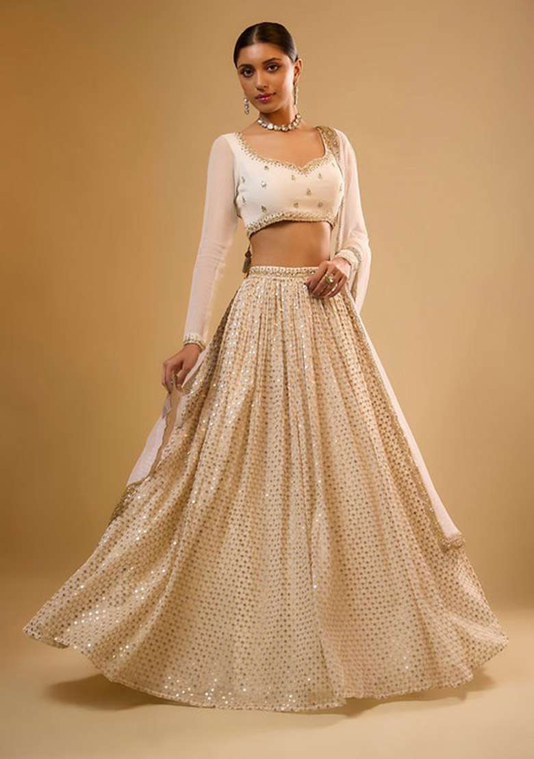 White Georgette Lehenga Set with Embroidery for Diwali | Wedding & Festive Wear - Indya