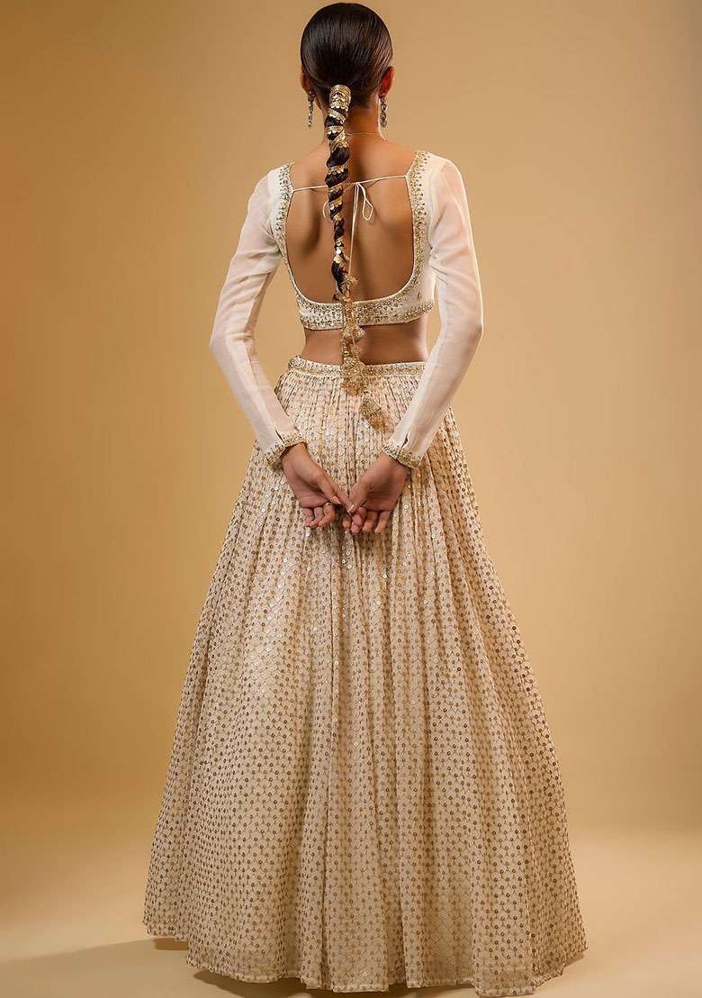 White Georgette Lehenga Set with Embroidery for Diwali | Wedding & Festive Wear - Indya