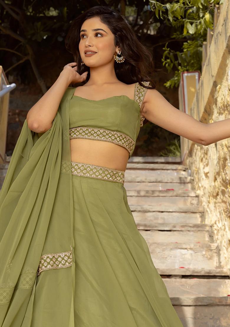 Green Embroidery Georgette Lehenga Set - Indya