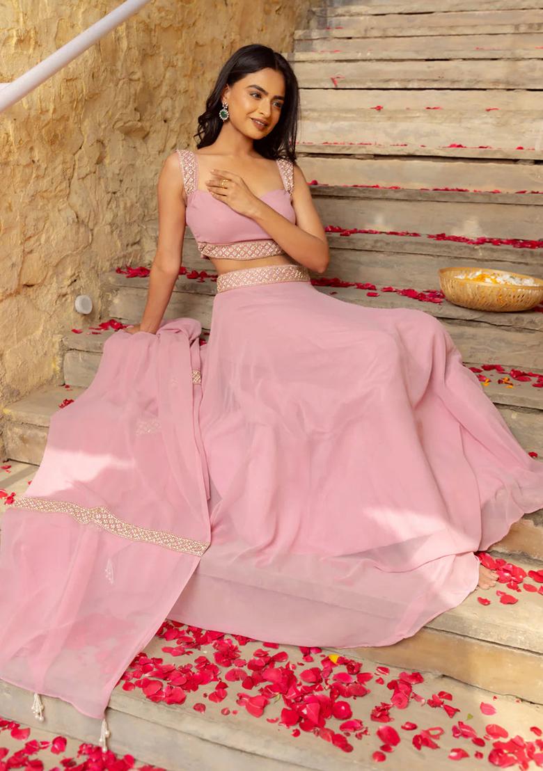 Baby Pink Embroidery Georgette Lehenga Set - Indya