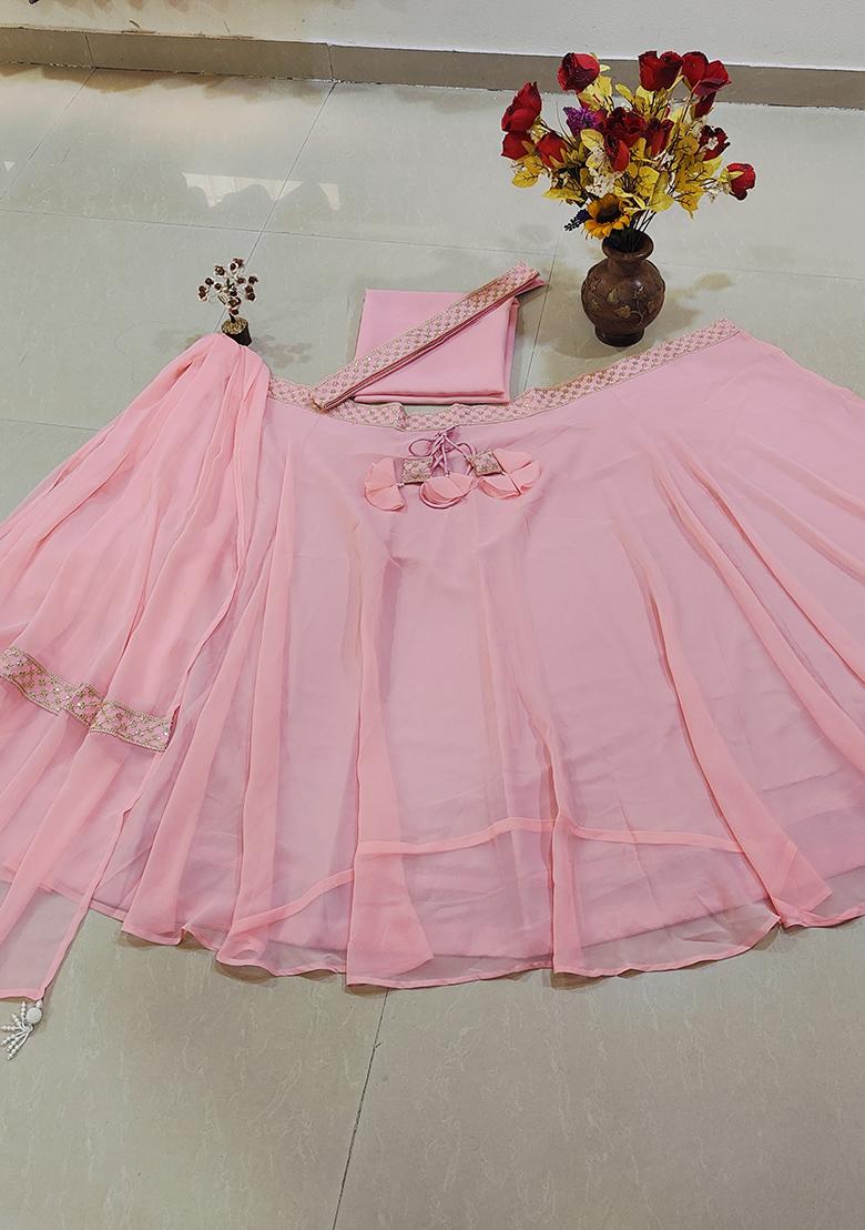 Baby Pink Embroidery Georgette Lehenga Set - Indya