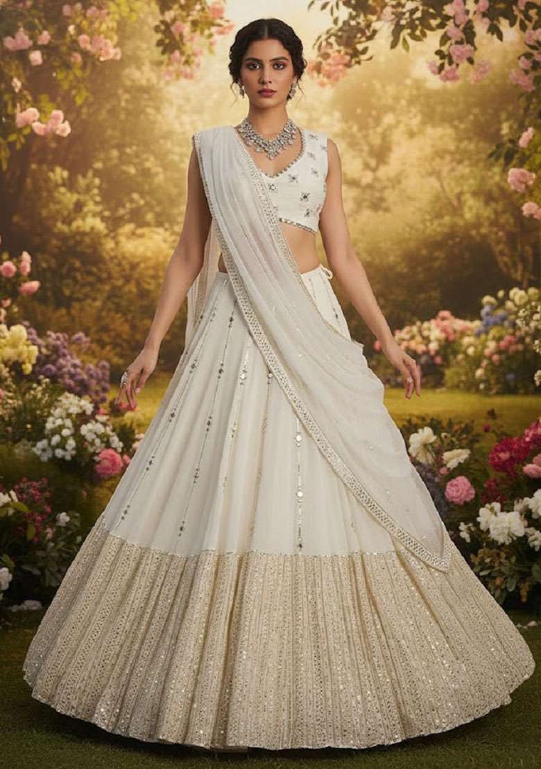 White Embroidery Georgette Lehenga Set for Diwali and Festive Wear - Indya