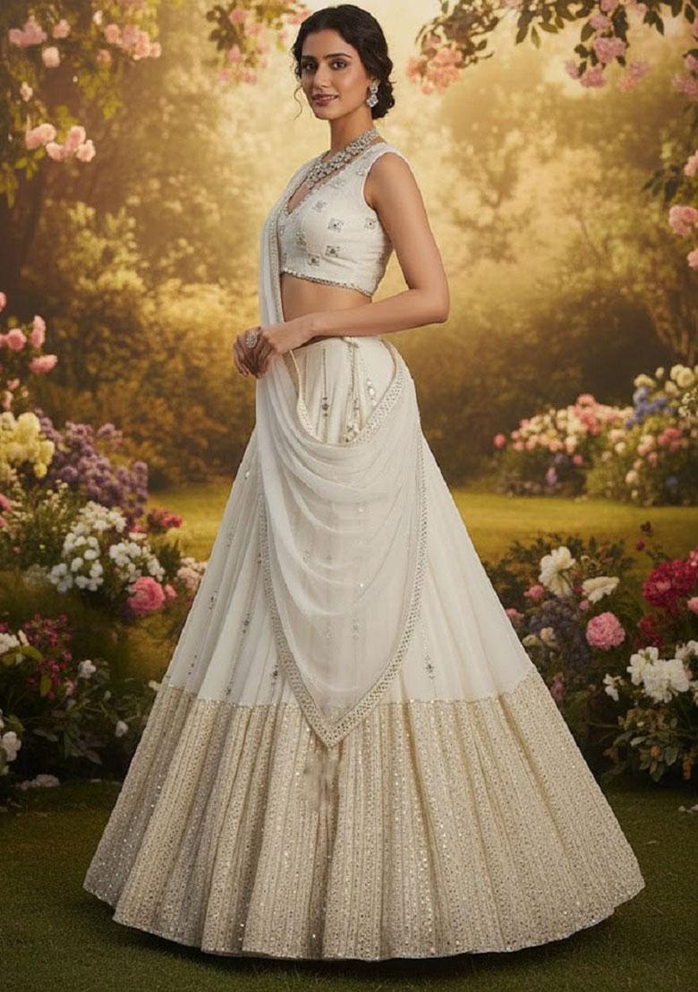 White Embroidery Georgette Lehenga Set - Indya