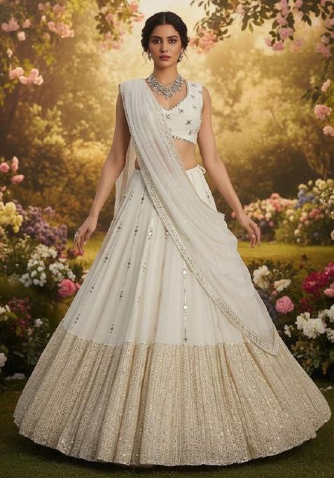 White Embroidery Georgette Lehenga Set