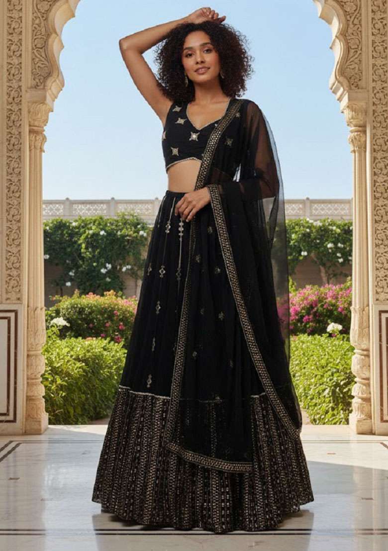 Black Georgette Lehenga Set with Embroidery for Diwali | Wedding & Festive Wear - Indya