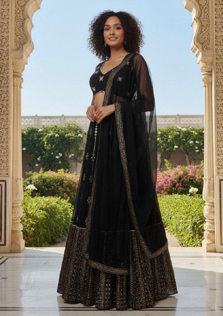 Black Embroidery Georgette Lehenga Set - Indya