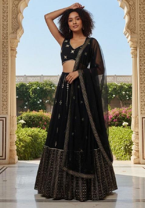 Black Embroidery Georgette Lehenga Set