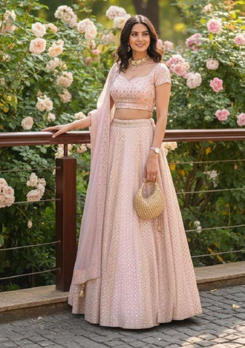 Baby Pink Georgette Lehenga Set with Embroidery for Diwali | Wedding & Festive Wear - Indya
