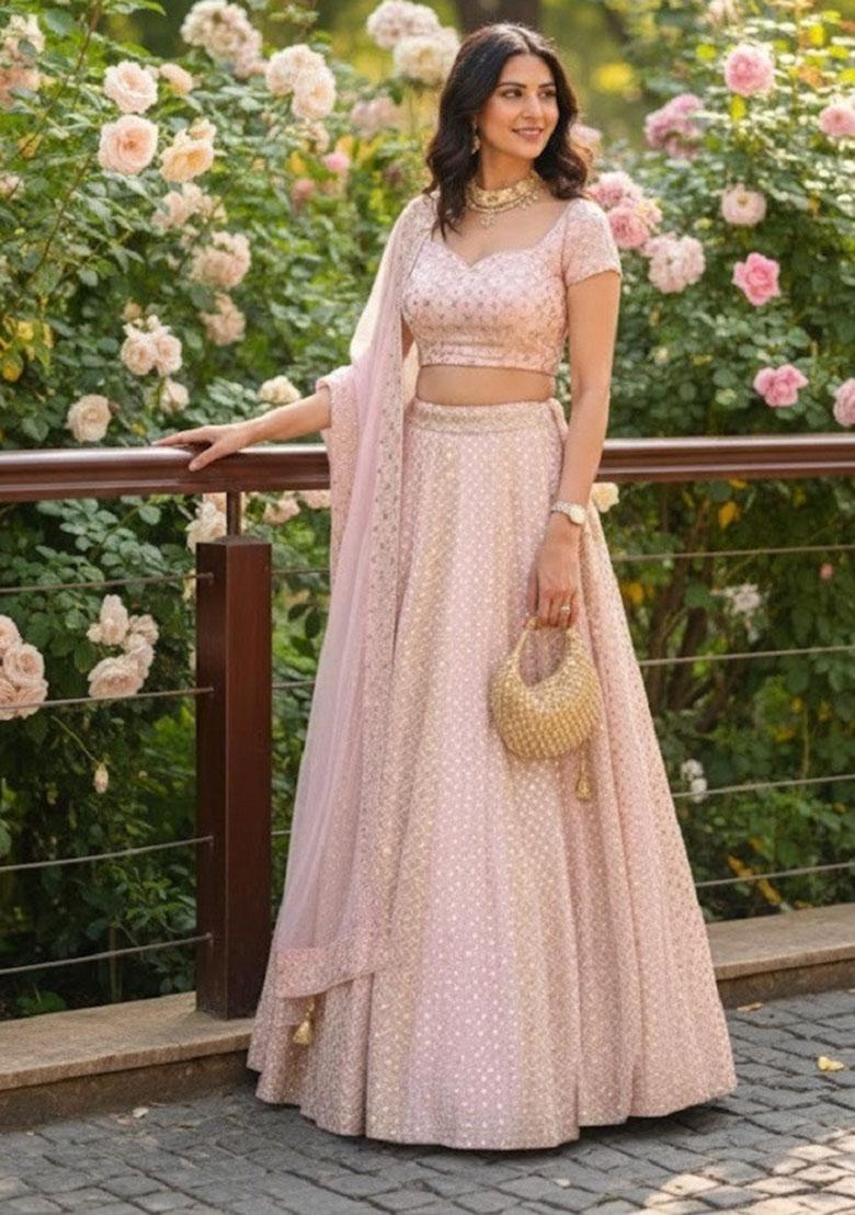 Baby Pink Embroidery Georgette Lehenga Set - Indya