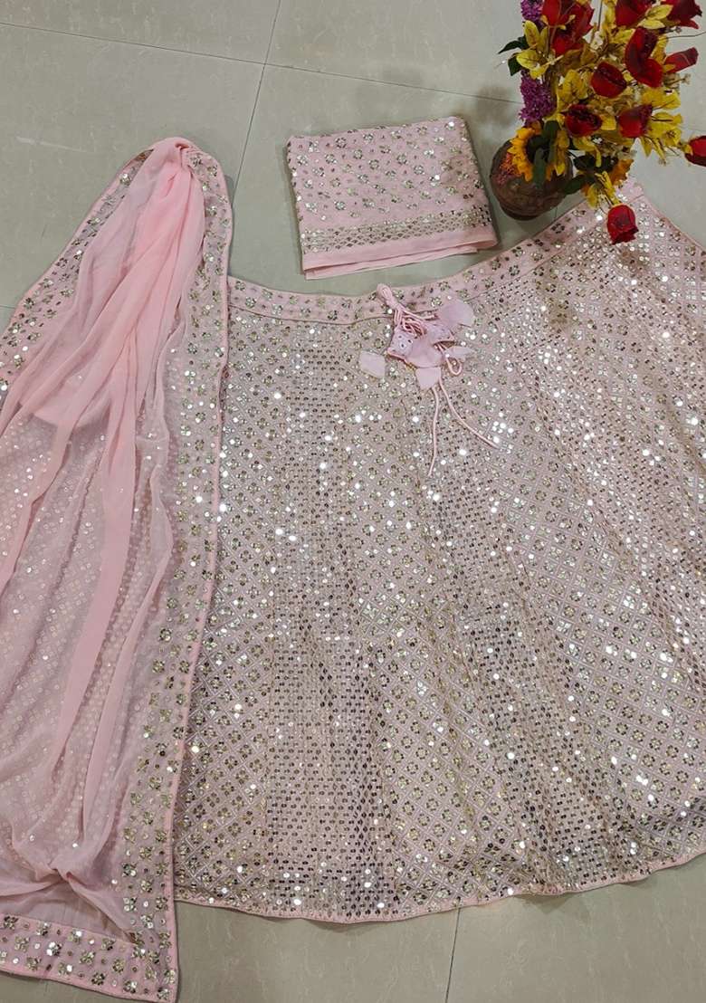 Baby Pink Georgette Lehenga Set with Embroidery for Diwali | Wedding & Festive Wear - Indya
