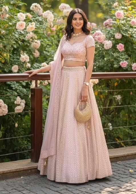 Baby Pink Embroidery Georgette Lehenga Set