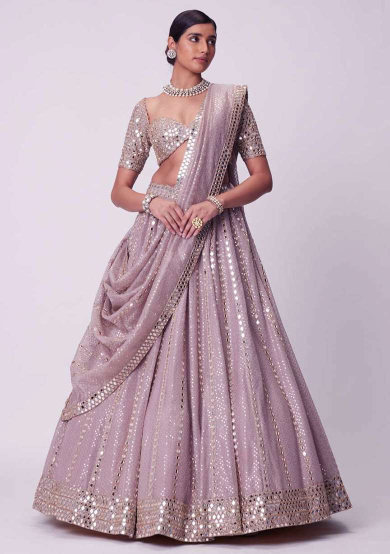 Ash Pink Embroidery Organza Lehenga Set for Diwali and Festive Wear - Indya
